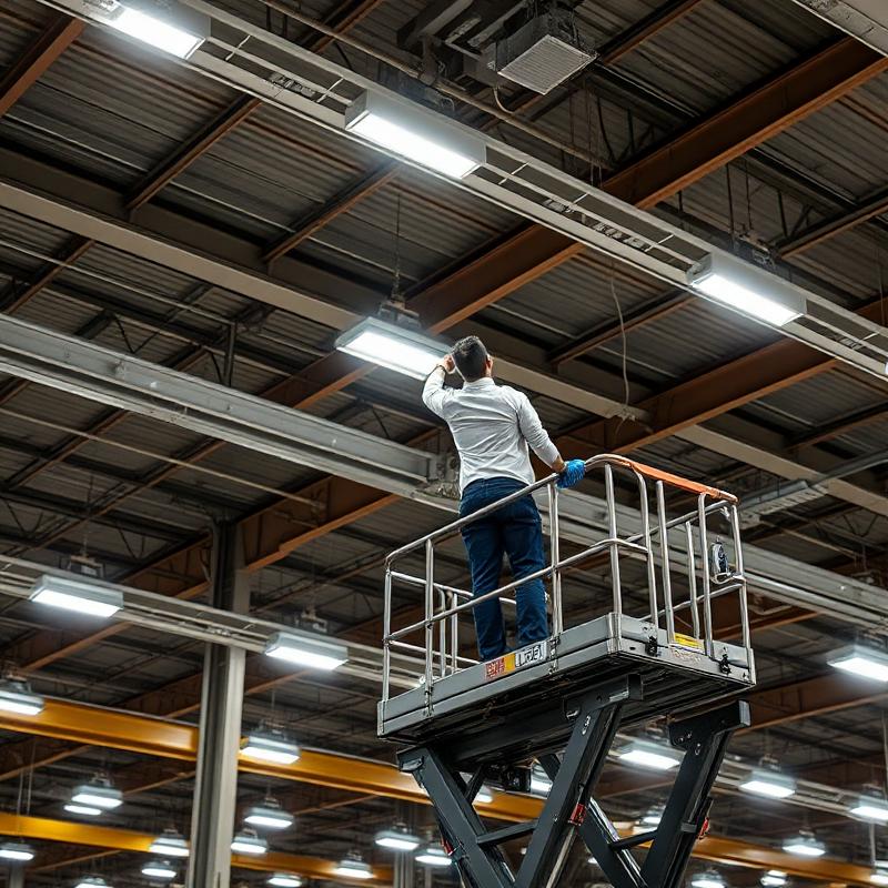 Worker on lift performing lighting maintenance