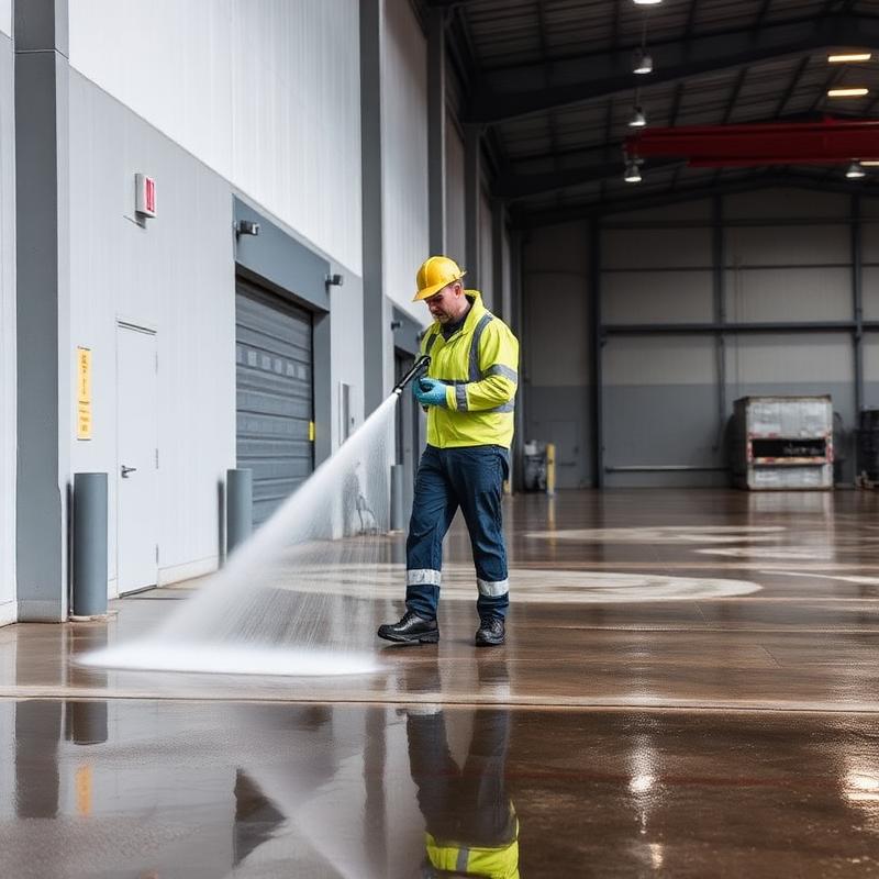 Worker pressure washing warehouse floor