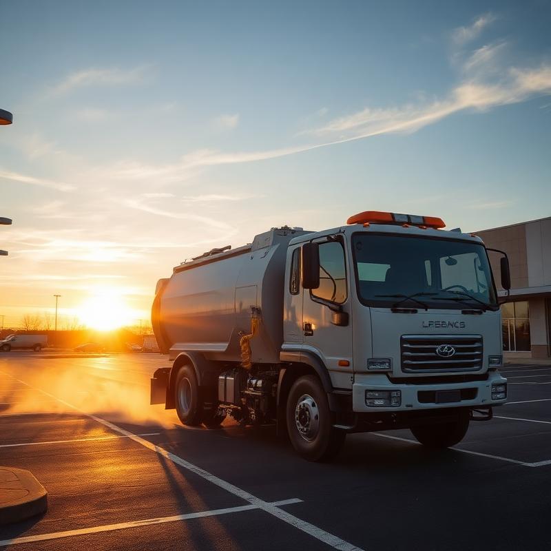 Street sweeper truck cleaning a commercial parking lot